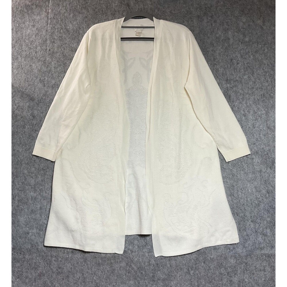 Chicos Cardigan Sweater Womens 3P PXL Cream Duster Open Front Knit Jacquard